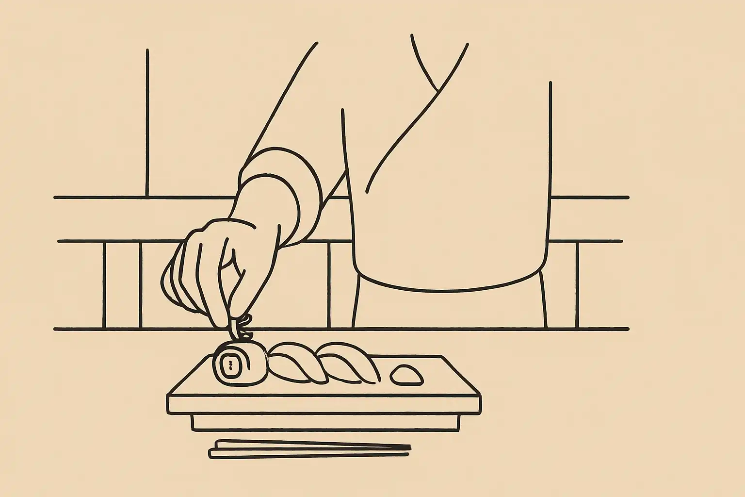 Sushi chef preparing a roll at a wooden counter in warm natural light