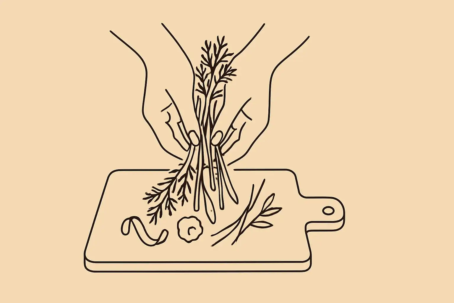 Retailles de legumes et tiges d'herbes tenues au-dessus d'une planche dans une cuisine de restaurant