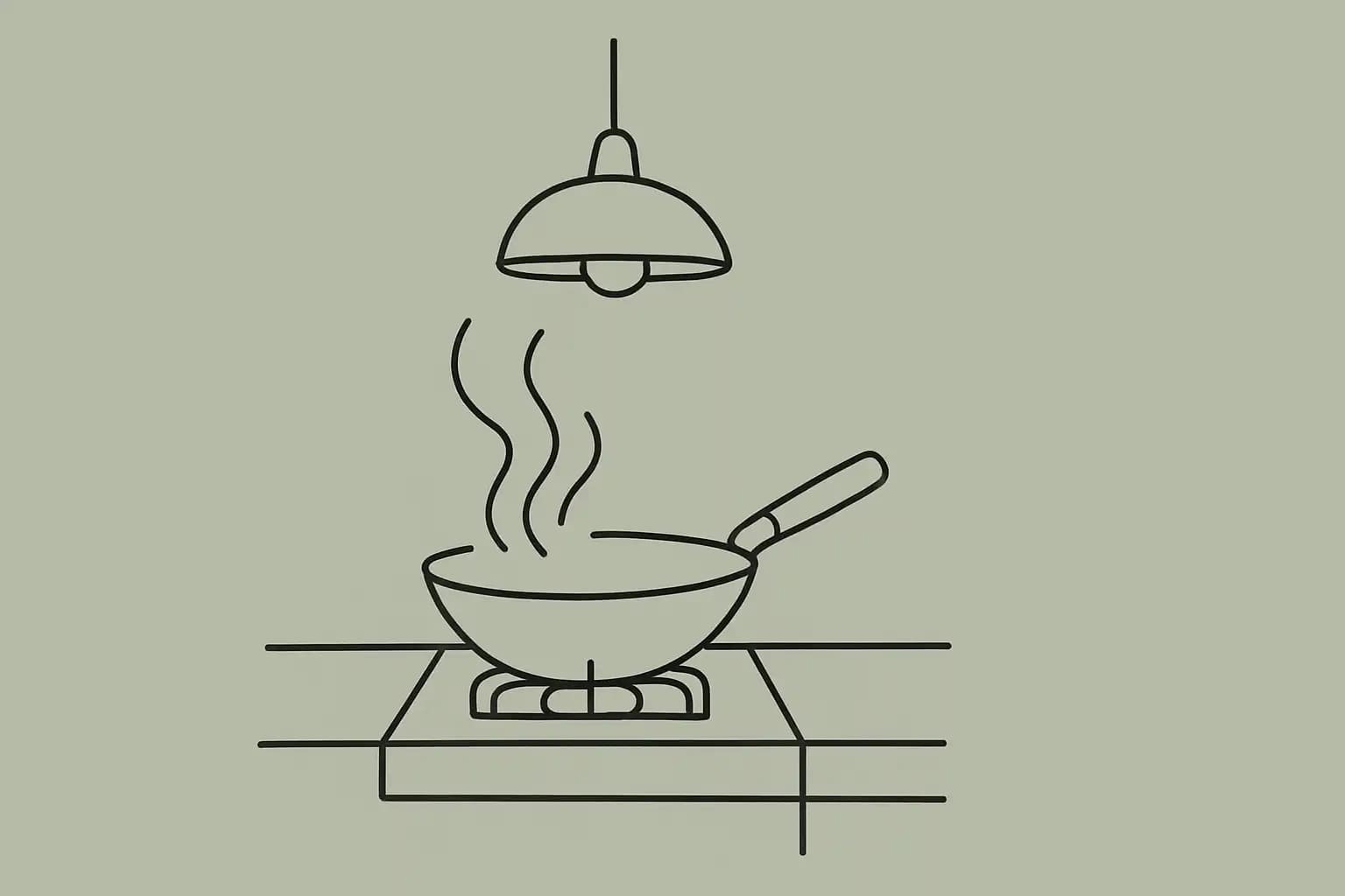 Steam rising from a wok in a small restaurant kitchen before service