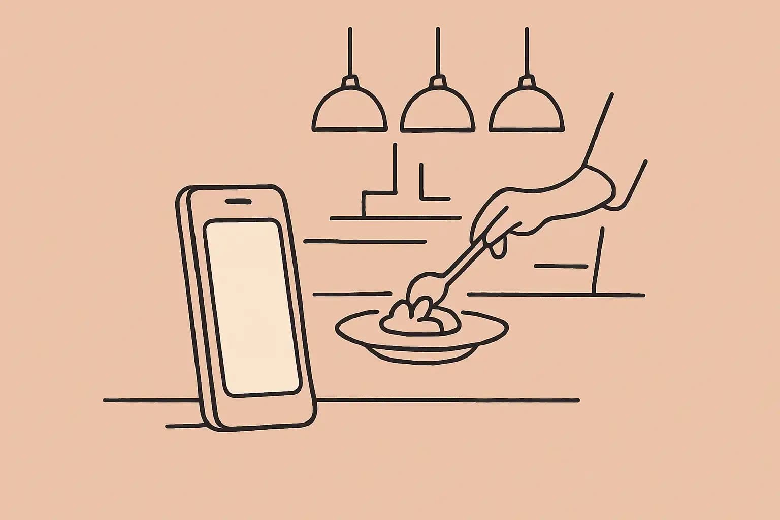 Smartphone on a restaurant kitchen counter ready to film service