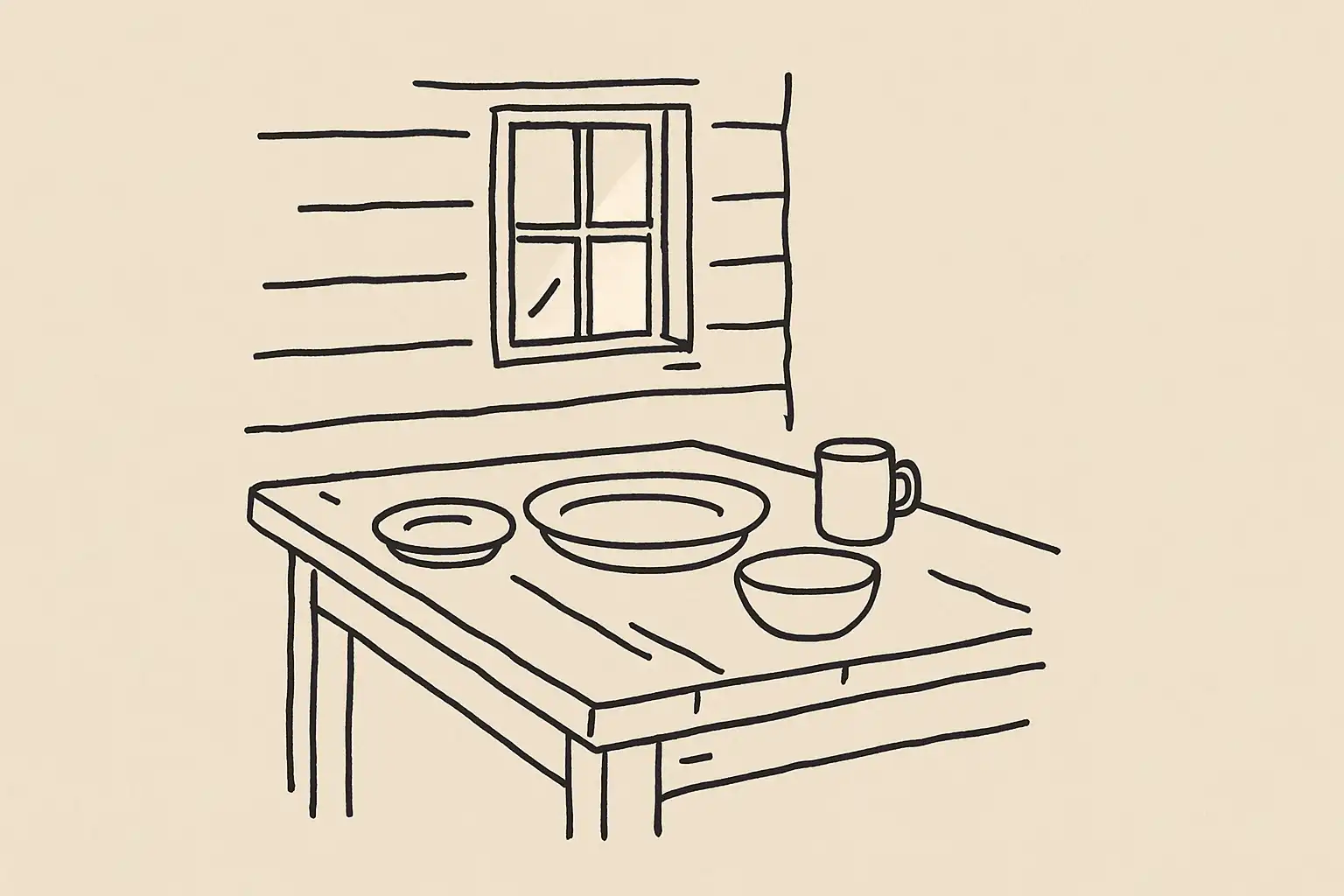 Rustic cottage dining table set for service, warm natural light
