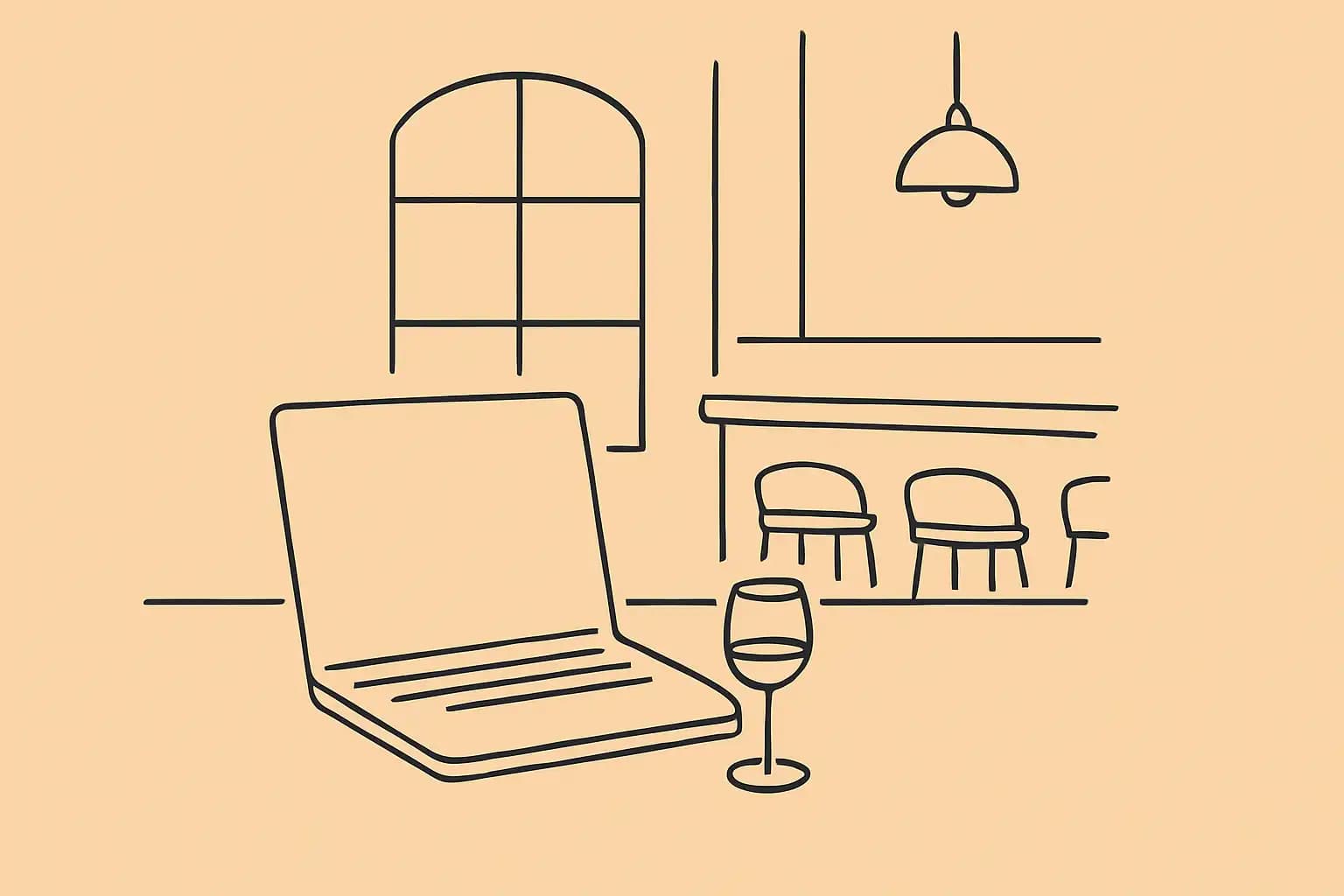 Laptop open on a restaurant bar counter during quiet afternoon hours