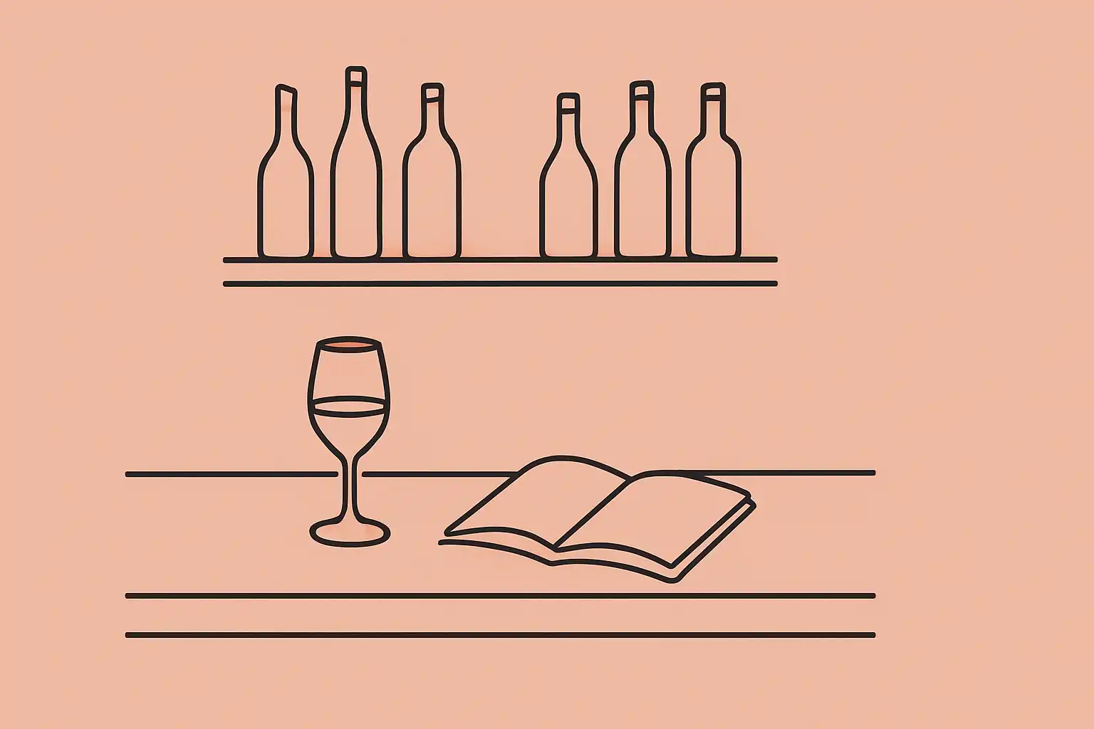 Bar counter at close with wine glass and notebook, bottles on backlit shelves