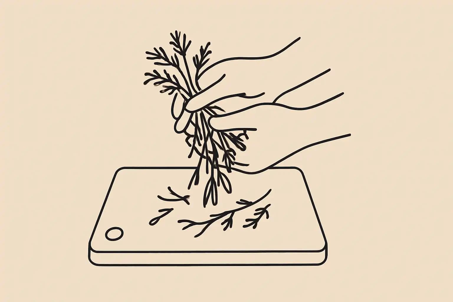 Vegetable trimmings and herb stems held over a cutting board in a restaurant kitchen